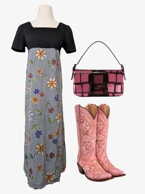 90's Babydoll Midi Dress Empire Waist Boho Size Medium